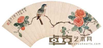 江寒汀 1950年作 山茶小鸟 扇面 